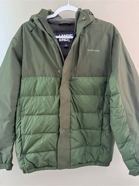 Lands' End Mens Down Jacket Puffer Hooded Coat Olive Green Small S 34-36